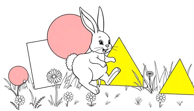 Ein schwarz-weißer Cartoon-Kaninchen auf einer Ausmal-Farbtafel-Wiese mit bunten geometrischen Formen.