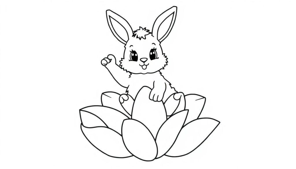 Schwarz-weiße Farbtafel eines Cartoon-Kaninchens, das auf einer Lotusblume winkt.