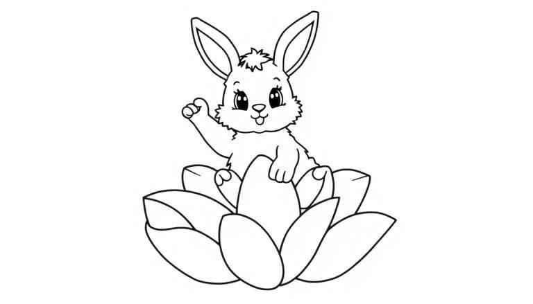 Schwarz-weiße Farbtafel eines Cartoon-Kaninchens, das auf einer Lotusblume winkt.