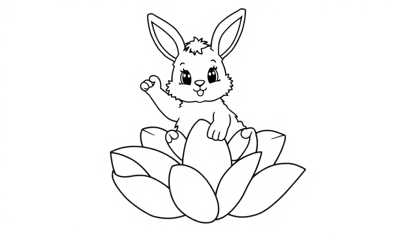 Schwarz-weiße Farbtafel eines Cartoon-Kaninchens, das auf einer Lotusblume winkt.