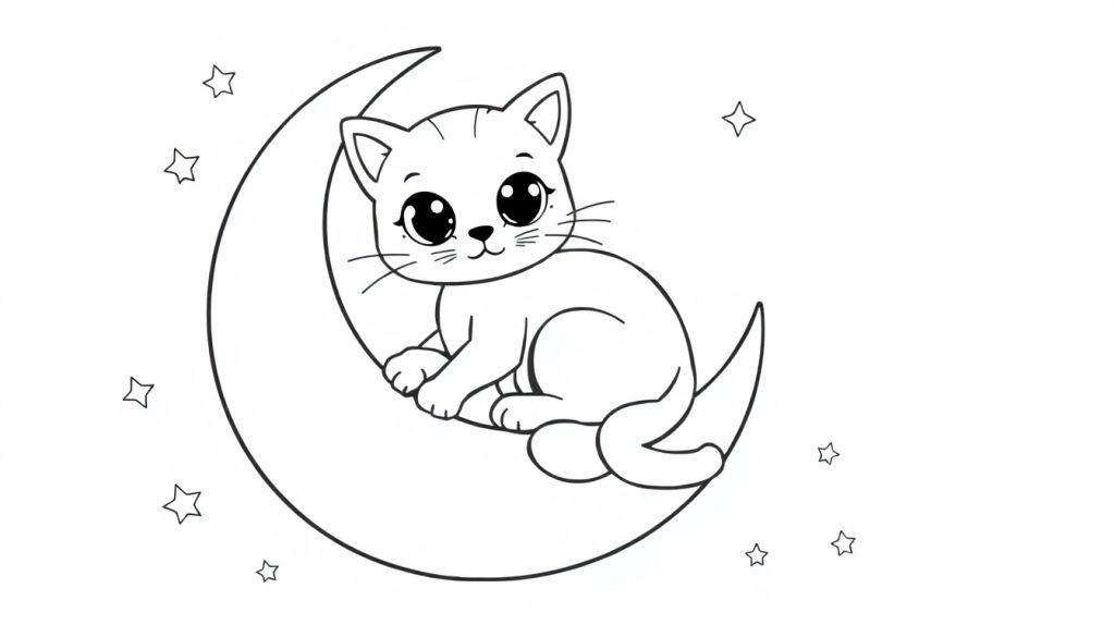 Schwarz-weiße Farbtafel einer Cartoon-Katze, die auf einem Halbmond sitzt und von Sternen umgeben ist.