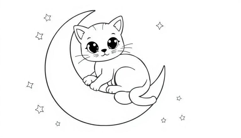 Schwarz-weiße Farbtafel einer Cartoon-Katze, die auf einem Halbmond sitzt und von Sternen umgeben ist.