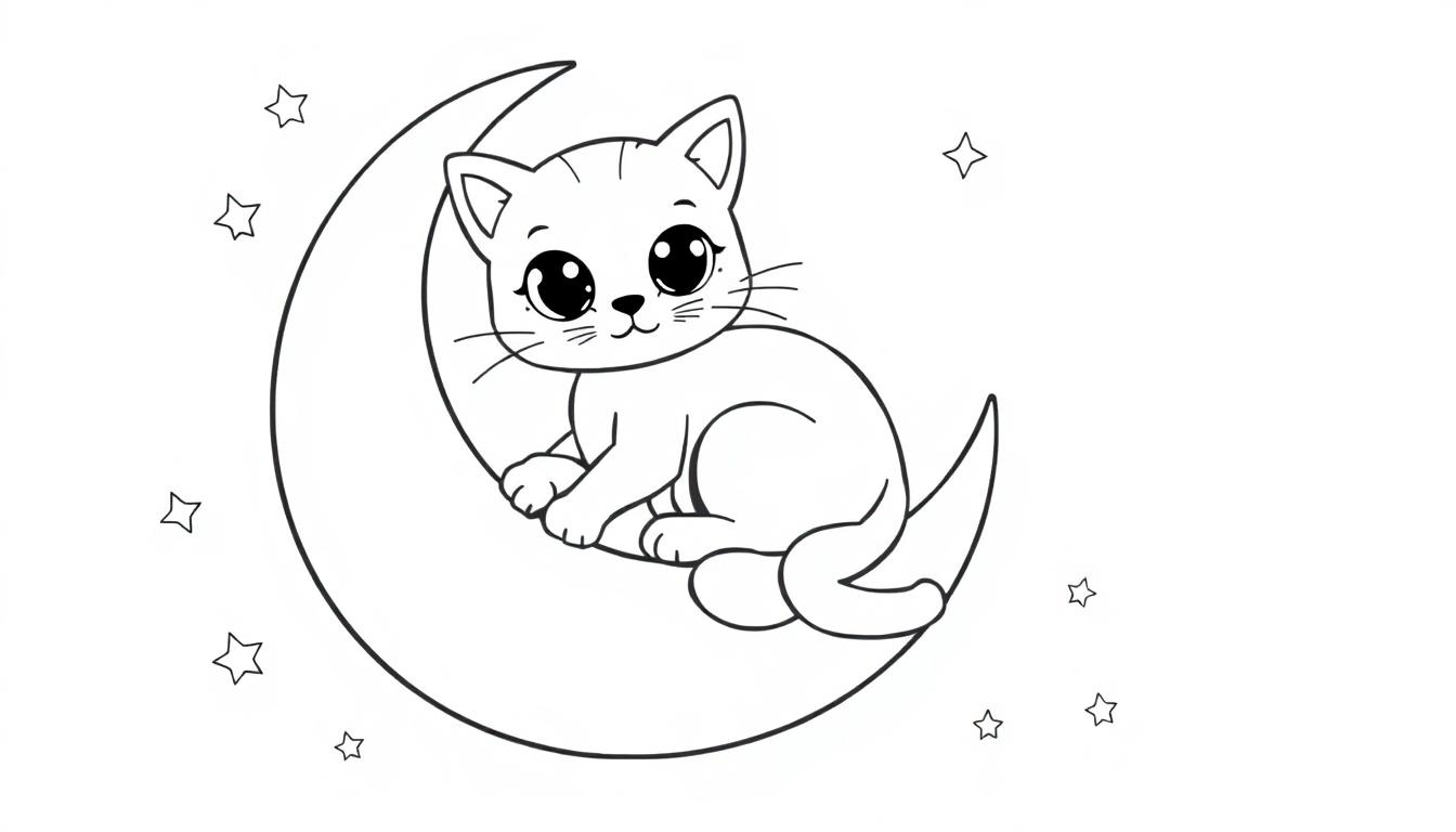 Schwarz-weiße Farbtafel einer Cartoon-Katze, die auf einem Halbmond sitzt und von Sternen umgeben ist.