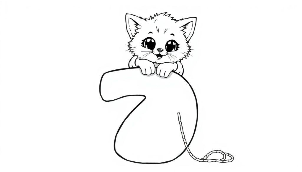 Eine niedliche Cartoon-Katze sitzt auf einer dicken, abgerundeten Zahl 7, bereit zum Ausmalen als Farbtafel.