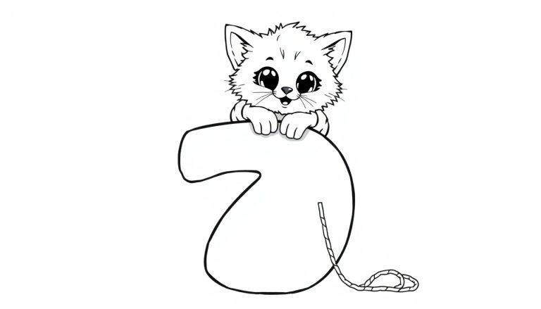 Eine niedliche Cartoon-Katze sitzt auf einer dicken, abgerundeten Zahl 7, bereit zum Ausmalen als Farbtafel.
