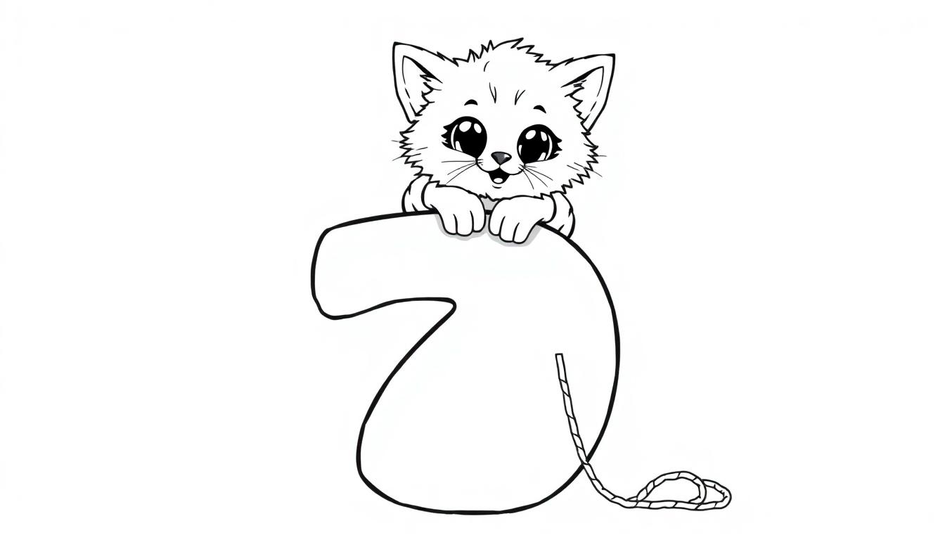 Eine niedliche Cartoon-Katze sitzt auf einer dicken, abgerundeten Zahl 7, bereit zum Ausmalen als Farbtafel.