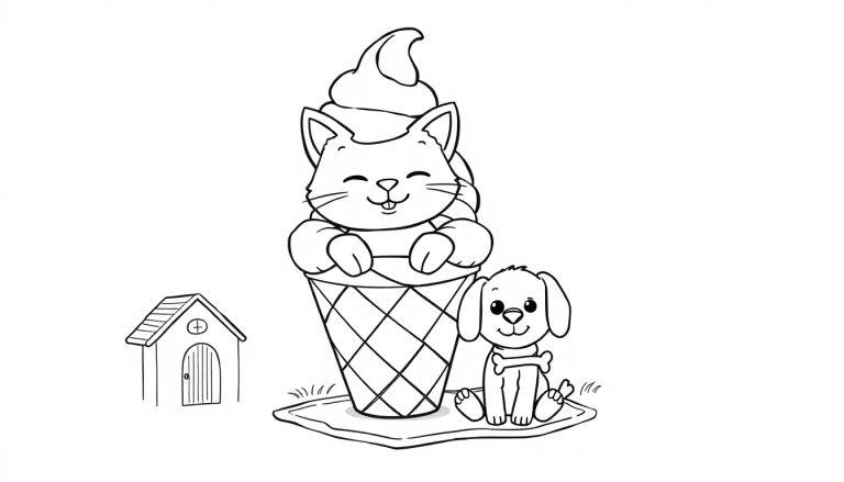 Eine Cartoon-Katze in einer Eistüte neben einem Cartoon-Welpen mit einem Knochen und einem kleinen Hundehaus.