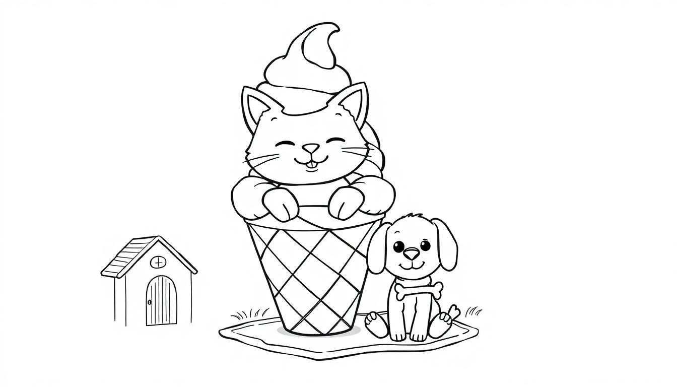 Eine Cartoon-Katze in einer Eistüte neben einem Cartoon-Welpen mit einem Knochen und einem kleinen Hundehaus.