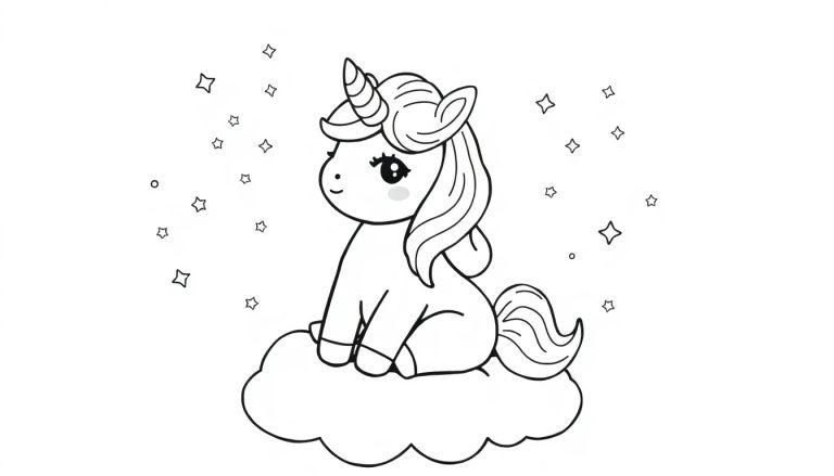 Eine Schwarz-Weiß-Farbtafel eines niedlichen Cartoon-Einhorns, das auf einer Wolke sitzt und Regenbogen-Konfetti wirft.