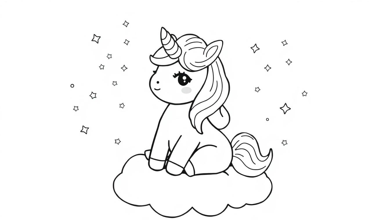 Eine Schwarz-Weiß-Farbtafel eines niedlichen Cartoon-Einhorns, das auf einer Wolke sitzt und Regenbogen-Konfetti wirft.