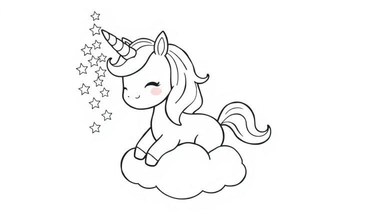 Kawaii Einhorn Farbtafel auf einer Wolke mit Sternen.