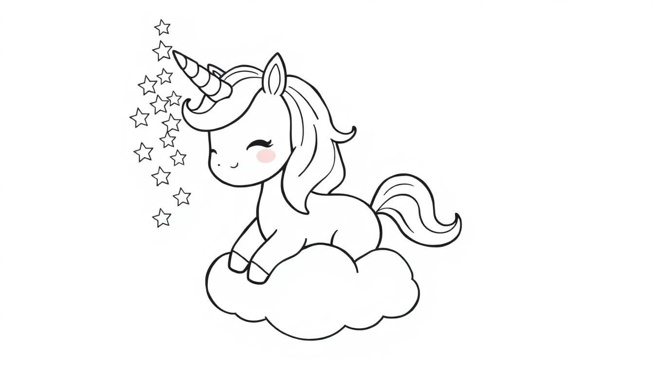 Kawaii Einhorn Farbtafel auf einer Wolke mit Sternen.