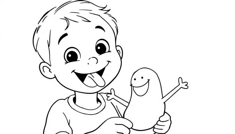 Schwarz-weiße Farbtafel eines lächelnden Jungen mit einem Cartoon-Wesen.