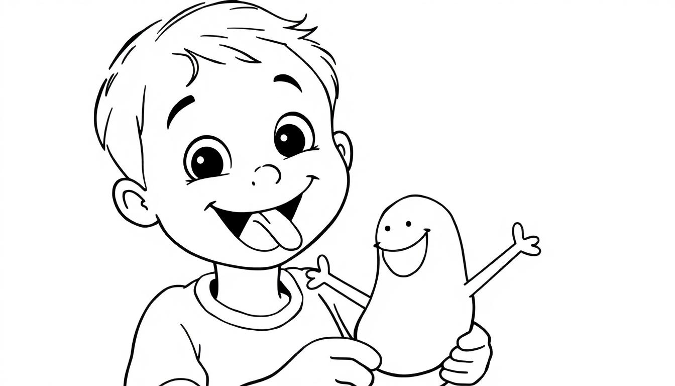 Schwarz-weiße Farbtafel eines lächelnden Jungen mit einem Cartoon-Wesen.