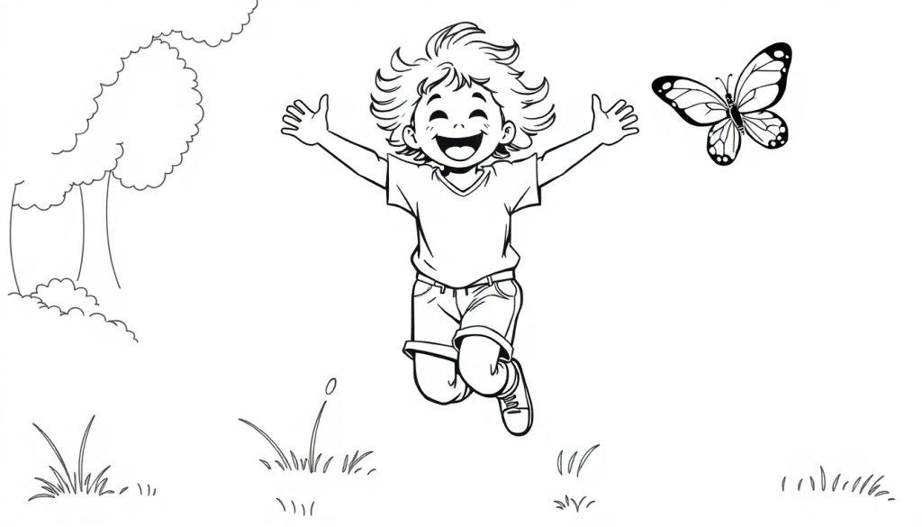 Schwarz-Weiß-Farbtafel-Cartoon eines fröhlichen Kindes, das im Freien mit einem Schmetterling springt.