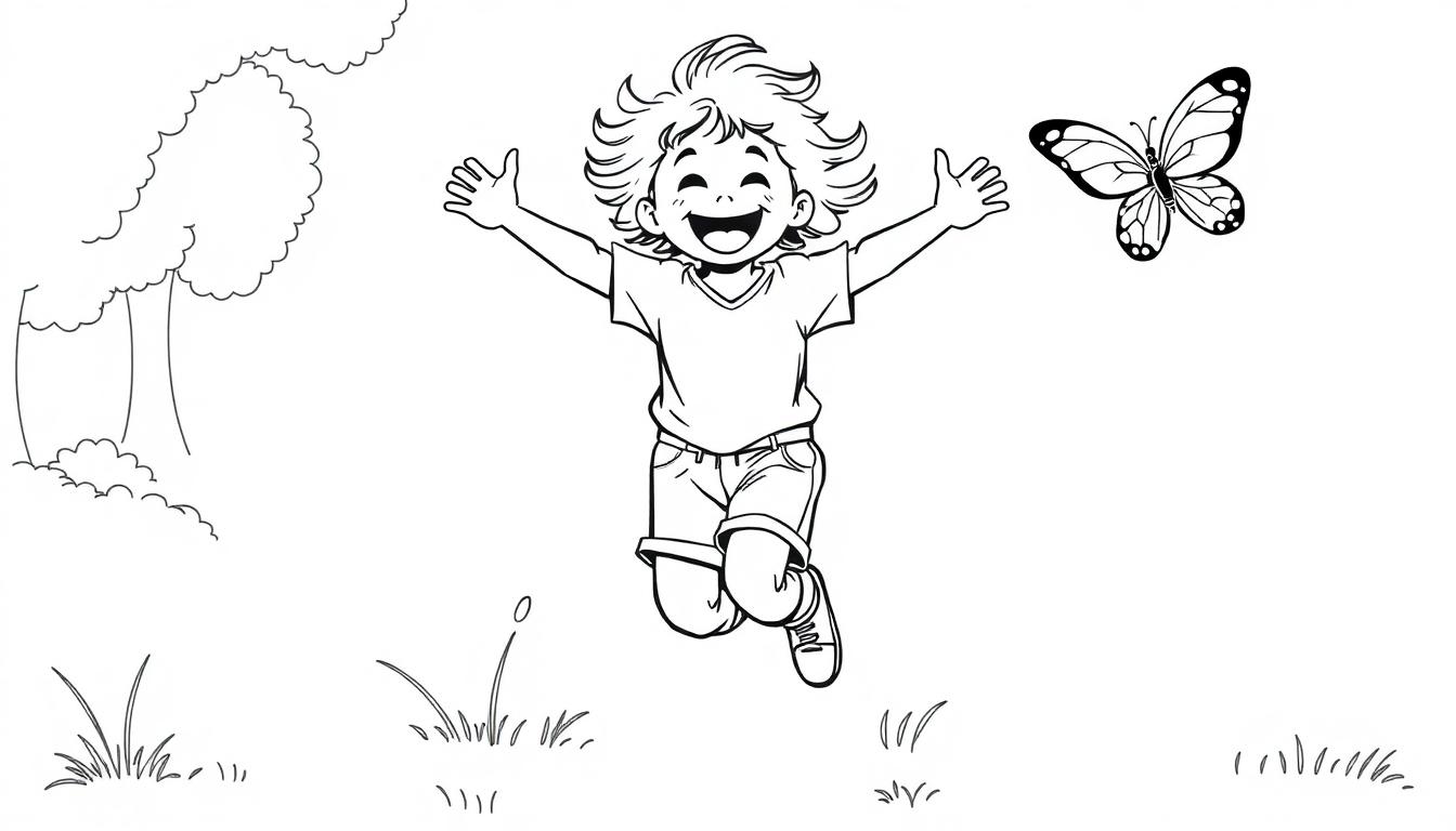 Schwarz-Weiß-Farbtafel-Cartoon eines fröhlichen Kindes, das im Freien mit einem Schmetterling springt.