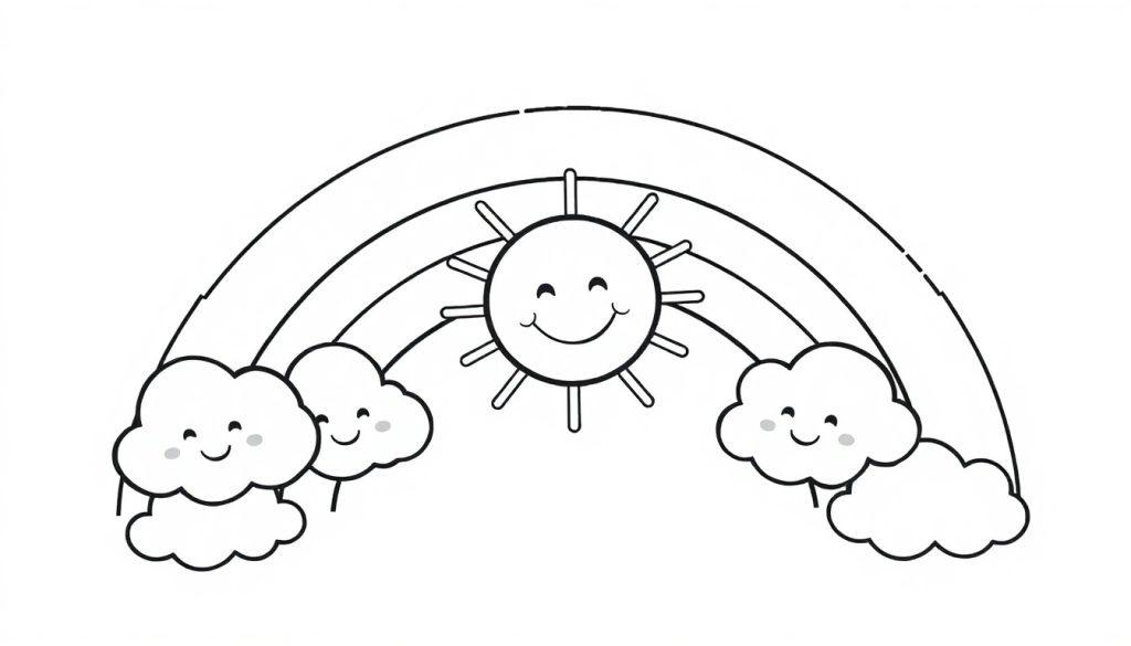 Schwarzweiß-Farbtafel: Ein stilisierter Regenbogen mit lachender Sonne und lächelnden Wolken.