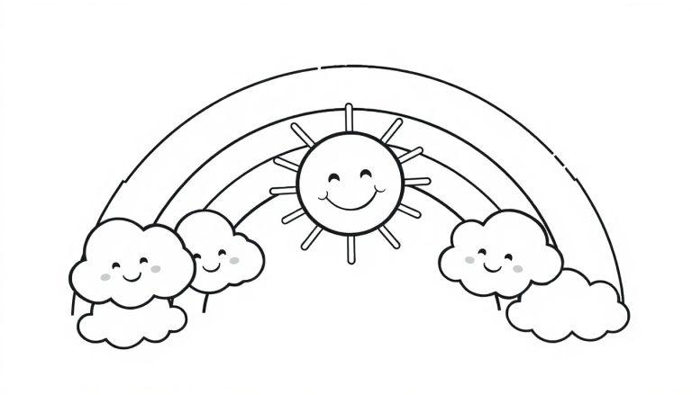 Schwarzweiß-Farbtafel: Ein stilisierter Regenbogen mit lachender Sonne und lächelnden Wolken.