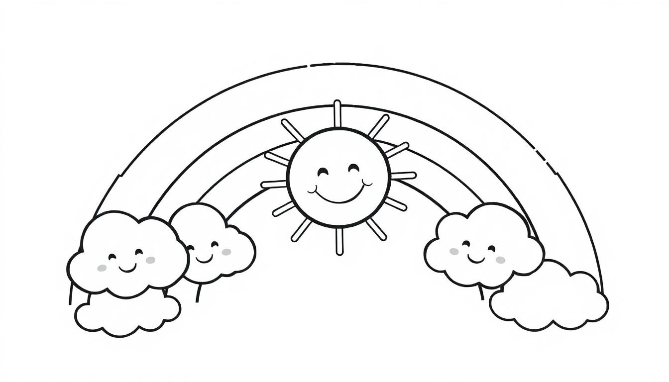 Schwarzweiß-Farbtafel: Ein stilisierter Regenbogen mit lachender Sonne und lächelnden Wolken.