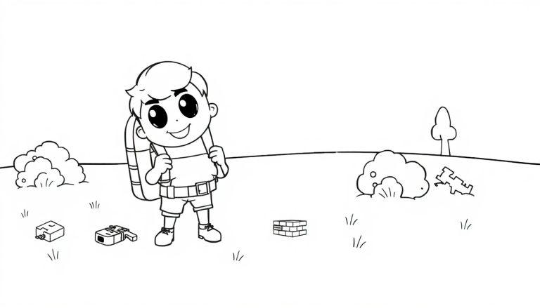 Schwarz-Weiß-Farbtafel eines animierten Jungen mit Rucksack und schelmischem Lächeln in einer Cartoon-Landschaft.