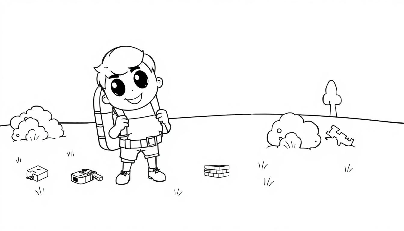 Schwarz-Weiß-Farbtafel eines animierten Jungen mit Rucksack und schelmischem Lächeln in einer Cartoon-Landschaft.