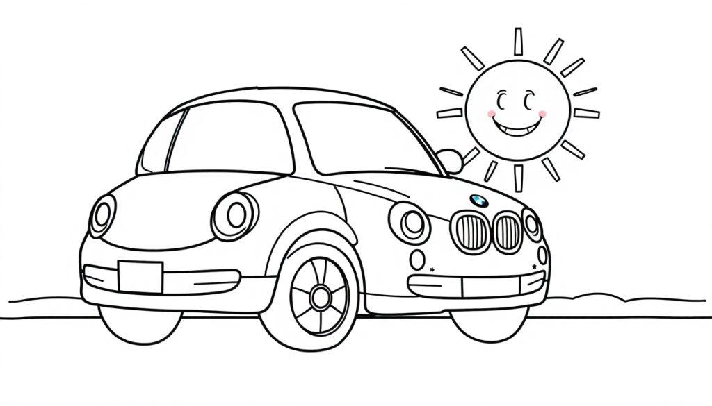 Eine Strichzeichnung eines niedlichen Autos und einer lachenden Sonne zum Ausmalen, als Farbtafel.