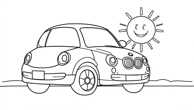 Eine Strichzeichnung eines niedlichen Autos und einer lachenden Sonne zum Ausmalen, als Farbtafel.