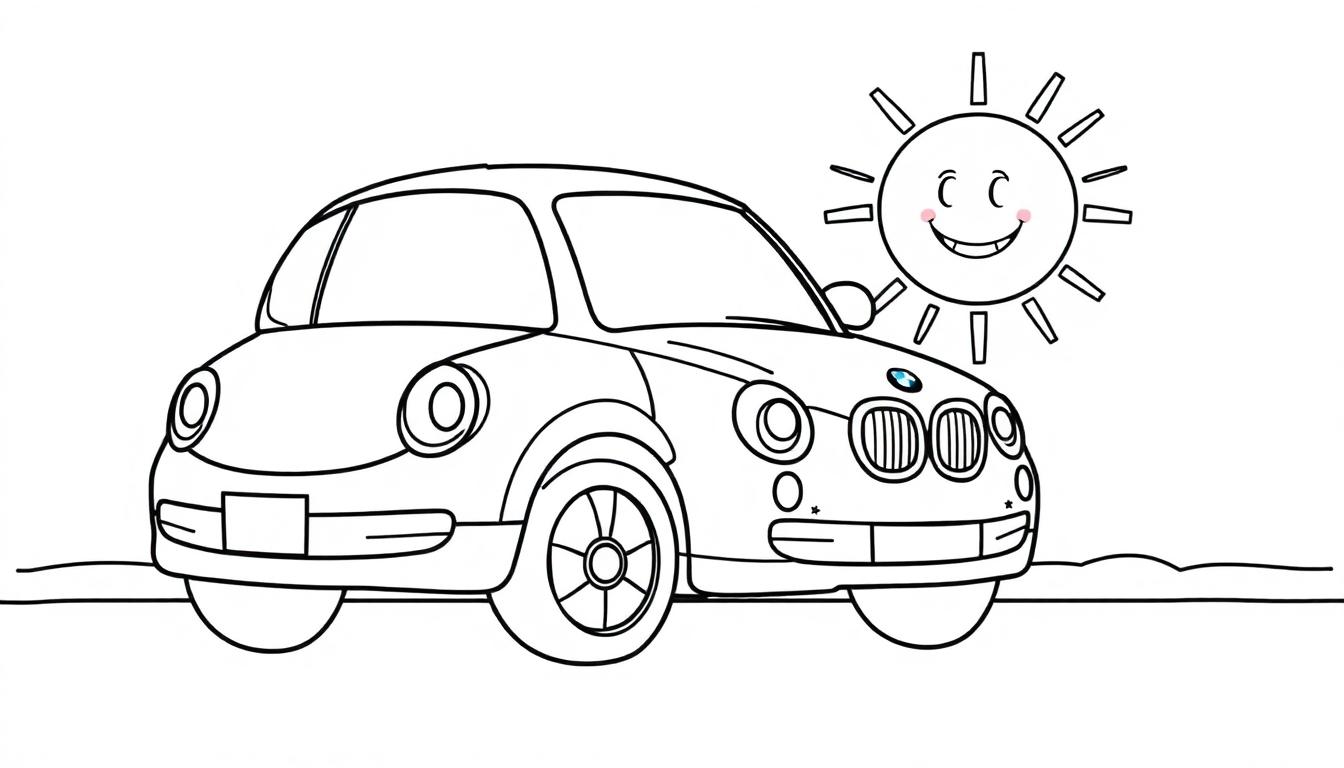 Eine Strichzeichnung eines niedlichen Autos und einer lachenden Sonne zum Ausmalen, als Farbtafel.