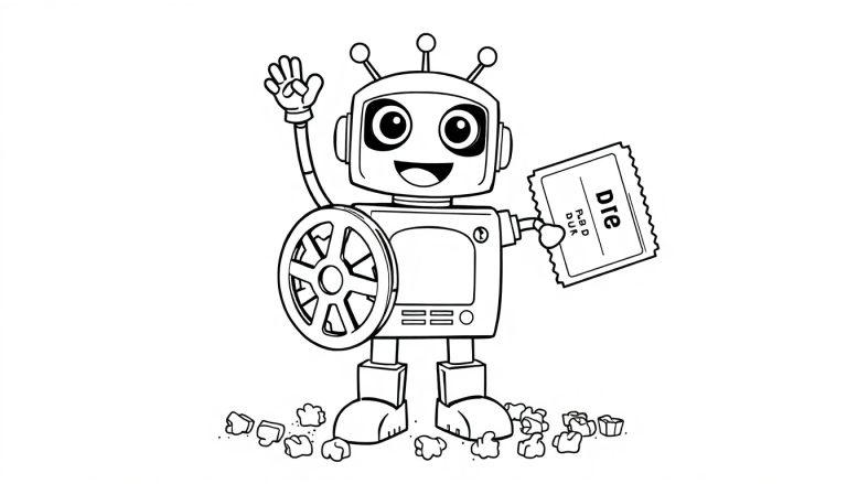 Schwarz-weißer Cartoon-Roboter winkt mit einer Eintrittskarte, bereit für das Kino. Farbtafel.
