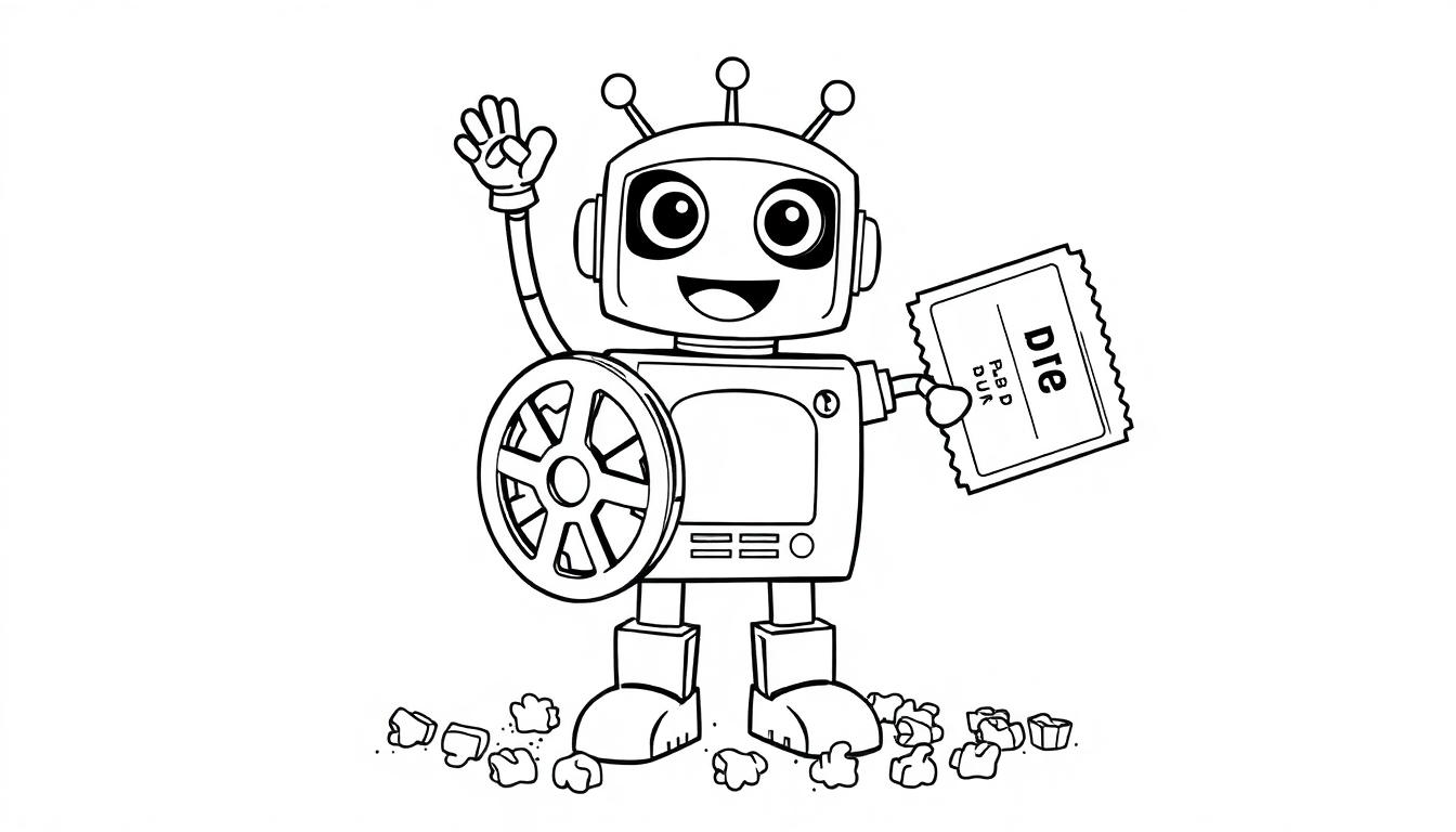 Schwarz-weißer Cartoon-Roboter winkt mit einer Eintrittskarte, bereit für das Kino. Farbtafel.