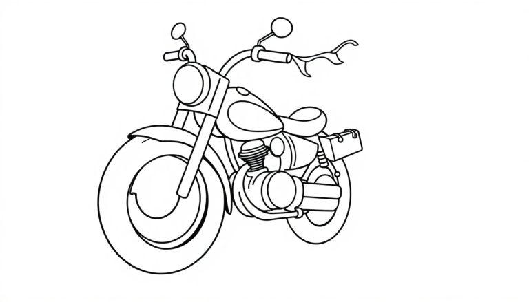 Schwarz-Weiß-Farbtafel eines klassischen Motorrads mit großem Scheinwerfer und lächelndem Reifen.