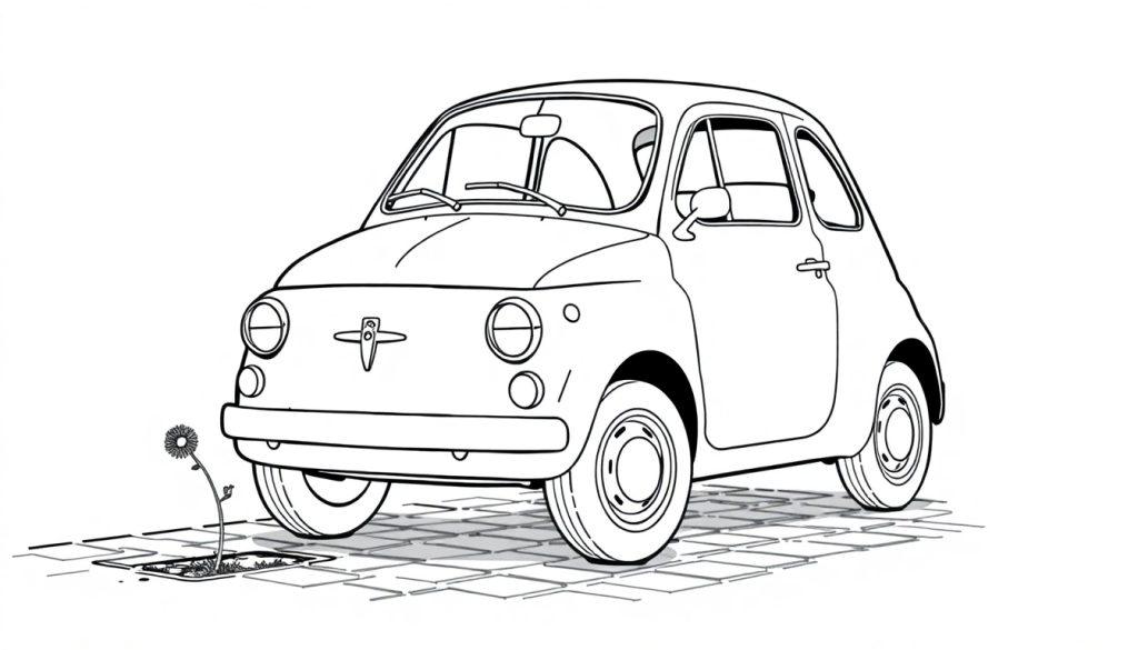 Schwarz-weiße Farbtafel eines kleinen Autos mit Retro-Optik und einem Löwenzahn daneben.