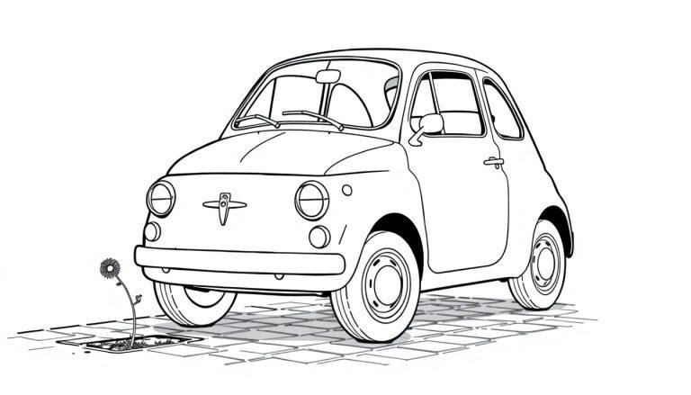 Schwarz-weiße Farbtafel eines kleinen Autos mit Retro-Optik und einem Löwenzahn daneben.