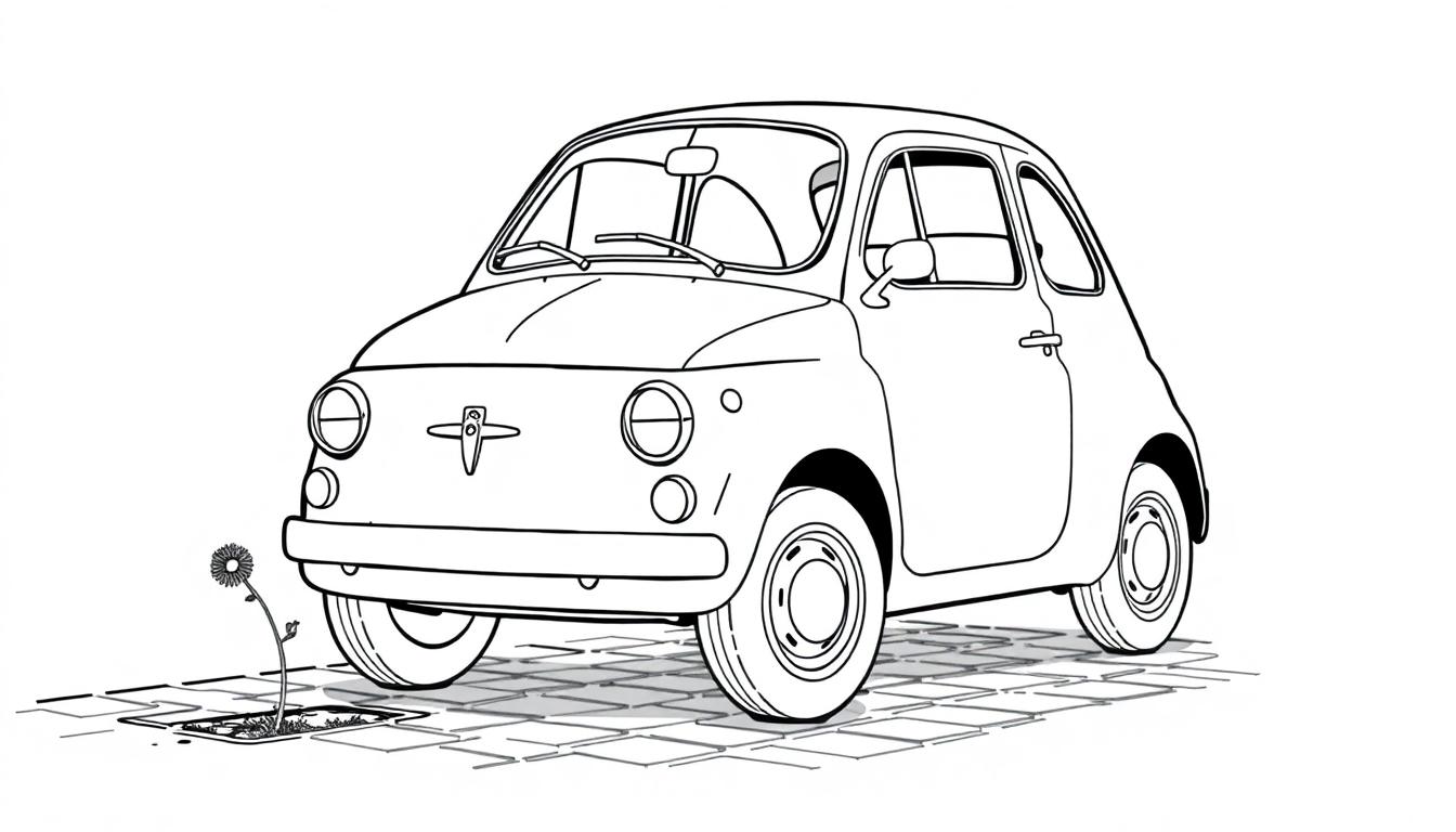 Schwarz-weiße Farbtafel eines kleinen Autos mit Retro-Optik und einem Löwenzahn daneben.