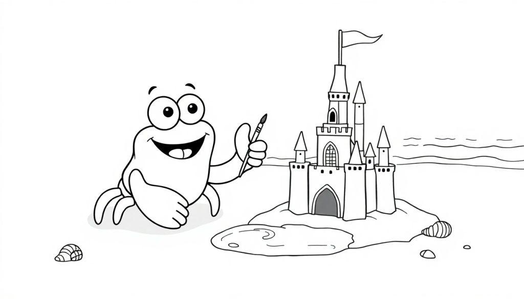 Ein lustiger Cartoon-Krebs mit einem Pinsel, der eine Sandburg malt, als Schwarz-Weiß-Farbtafel.
