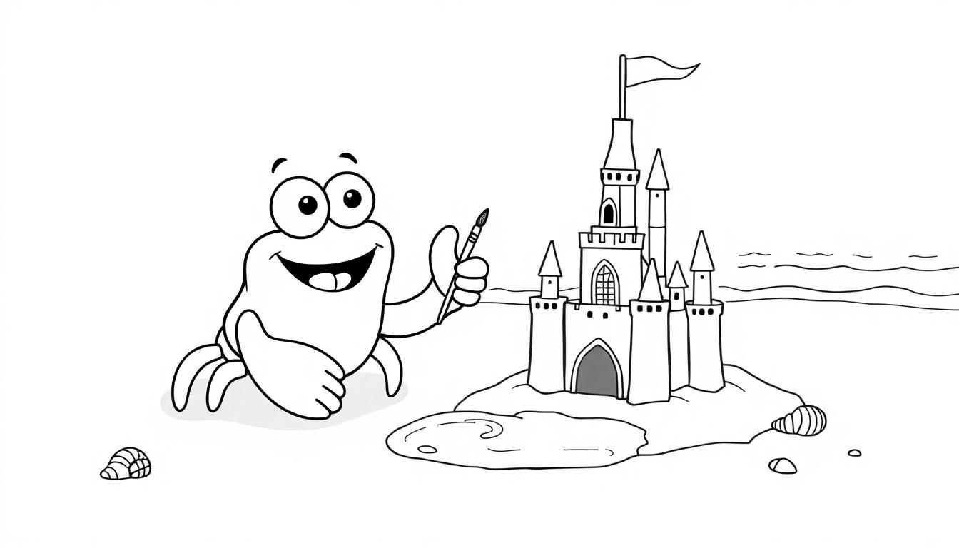 Ein lustiger Cartoon-Krebs mit einem Pinsel, der eine Sandburg malt, als Schwarz-Weiß-Farbtafel.