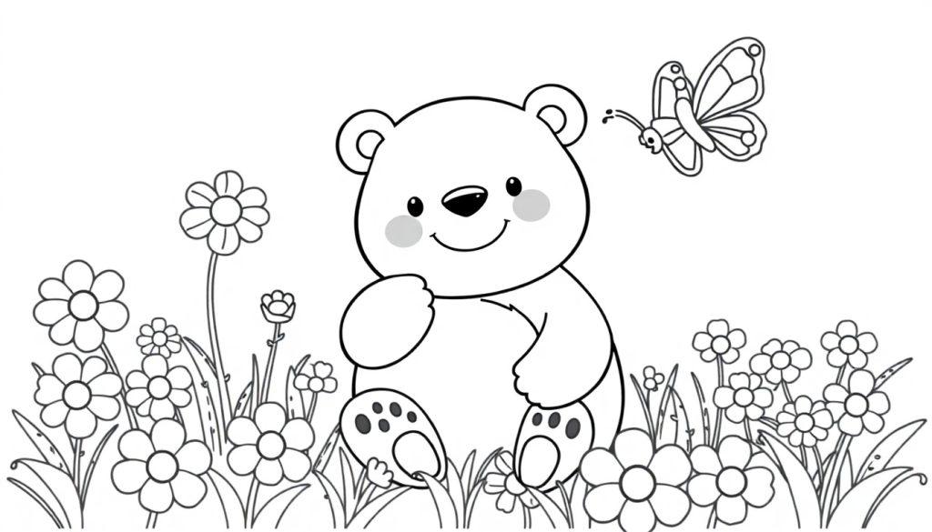 Schwarz-weiße Farbtafel: Ein freundlicher Cartoon-Bär sitzt in einer Blumenwiese und denkt nach, während ein Schmetterling naht.