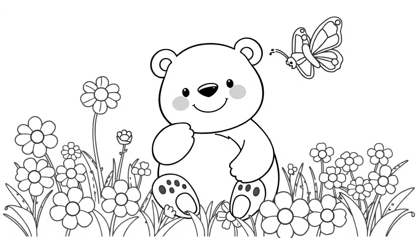 Schwarz-weiße Farbtafel: Ein freundlicher Cartoon-Bär sitzt in einer Blumenwiese und denkt nach, während ein Schmetterling naht.
