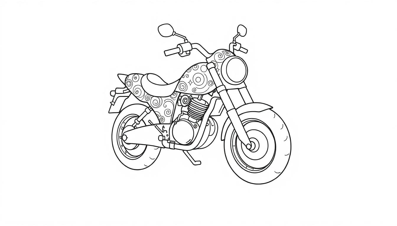 Schwarz-weiße Motorrad-Farbtafel mit klassischen Formen und Mustern.