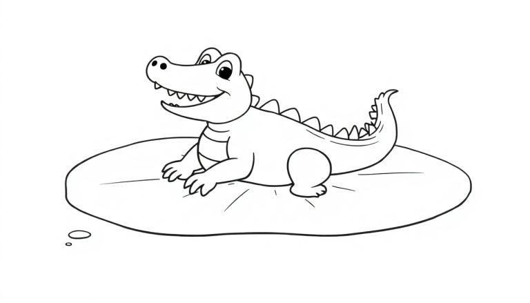 Schwarz-weiße Farbtafel eines lächelnden Cartoon-Alligators auf einem Seerosenblatt mit Blasen darunter.