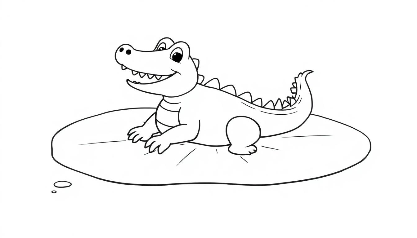 Schwarz-weiße Farbtafel eines lächelnden Cartoon-Alligators auf einem Seerosenblatt mit Blasen darunter.