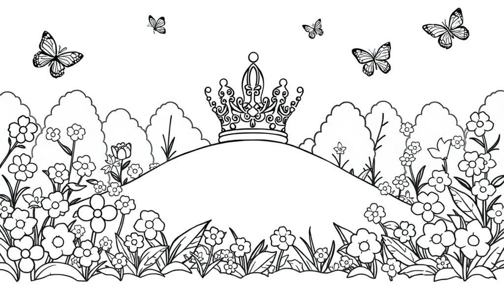 Schwarz-Weiß-Farbtafel einer friedlichen Landschaft mit einer Krone auf einem Hügel, Blumen, Schmetterlingen und Bäumen.