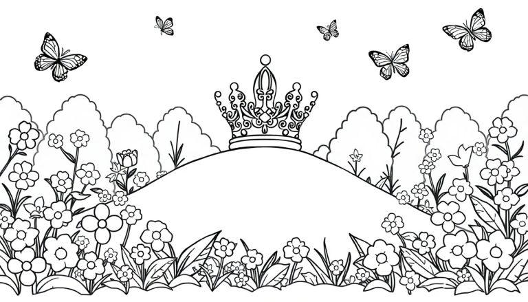 Schwarz-Weiß-Farbtafel einer friedlichen Landschaft mit einer Krone auf einem Hügel, Blumen, Schmetterlingen und Bäumen.
