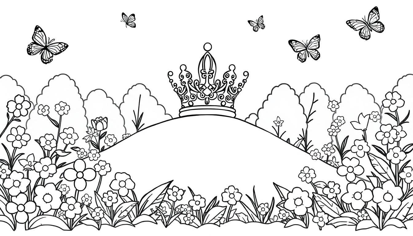 Schwarz-Weiß-Farbtafel einer friedlichen Landschaft mit einer Krone auf einem Hügel, Blumen, Schmetterlingen und Bäumen.