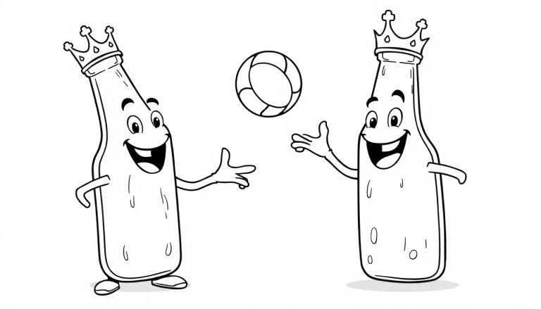 Zwei lächelnde Cartoon-Bierflaschen mit Kronen werfen sich einen Ball zu.