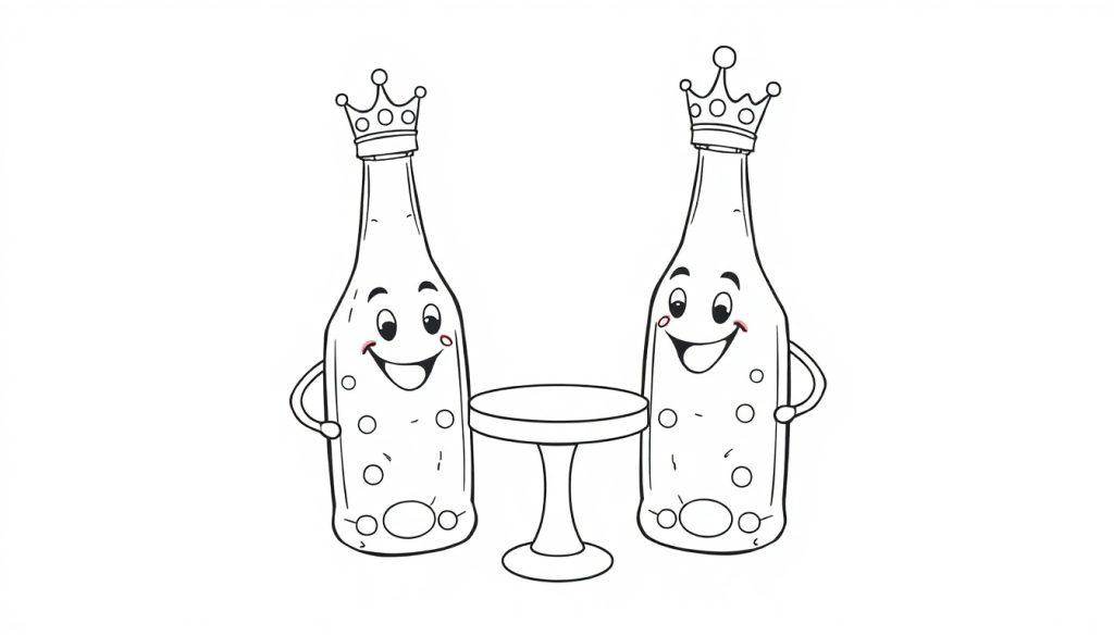 Zwei Cartoon-Bierflaschen mit Kronen, Armen und lächelnden Gesichtern stehen neben einem kleinen runden Tisch.