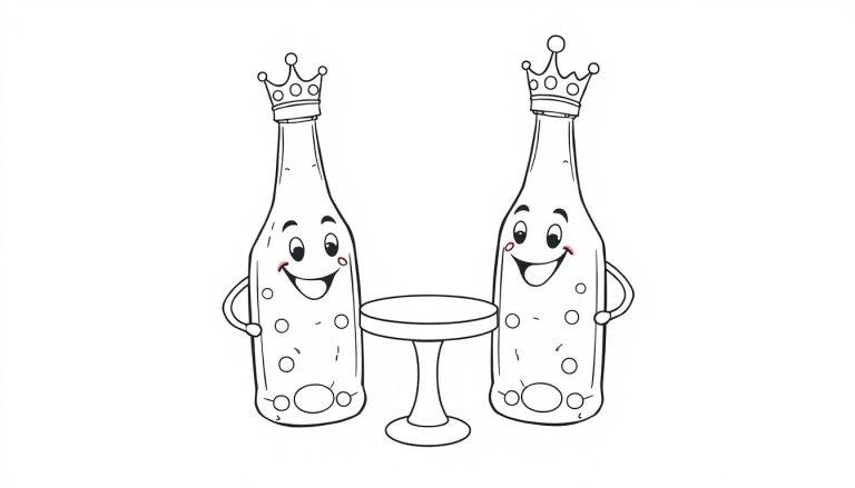 Zwei Cartoon-Bierflaschen mit Kronen, Armen und lächelnden Gesichtern stehen neben einem kleinen runden Tisch.