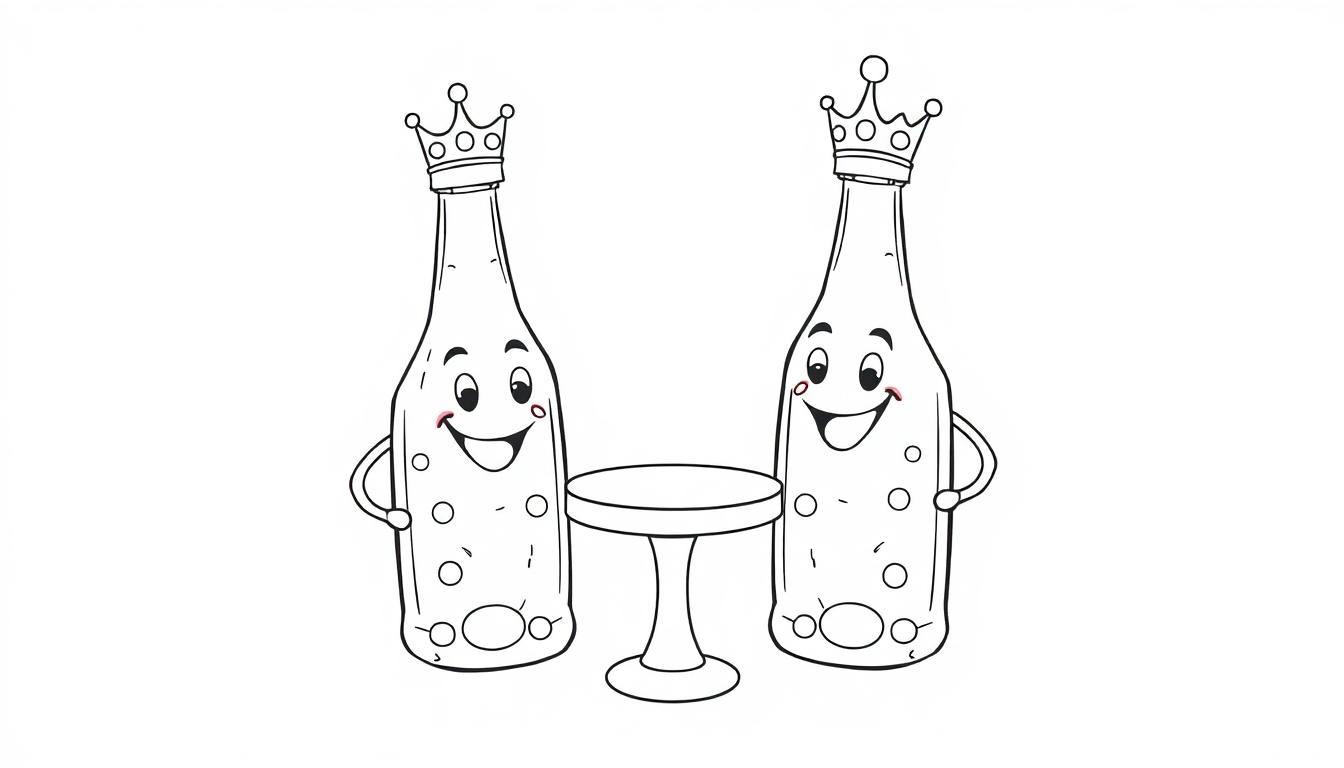 Zwei Cartoon-Bierflaschen mit Kronen, Armen und lächelnden Gesichtern stehen neben einem kleinen runden Tisch.