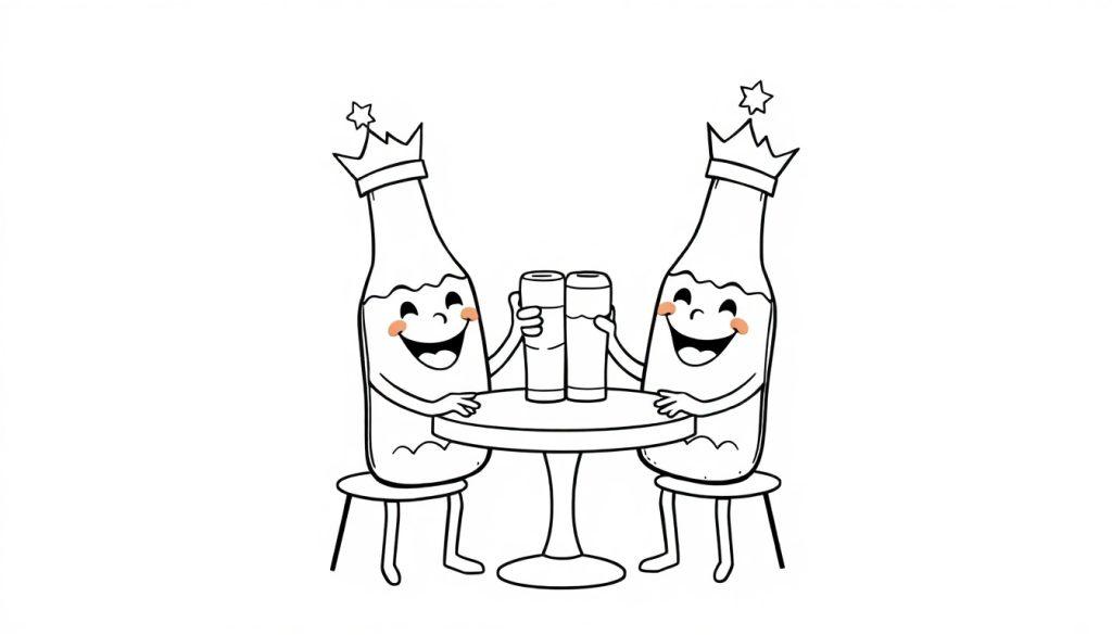 Zwei animierte Bierflaschen mit Kronen auf dem Kopf und lächelnden Gesichtern stoßen mit Biergläsern an.