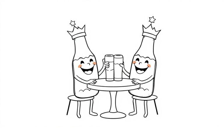 Zwei animierte Bierflaschen mit Kronen auf dem Kopf und lächelnden Gesichtern stoßen mit Biergläsern an.